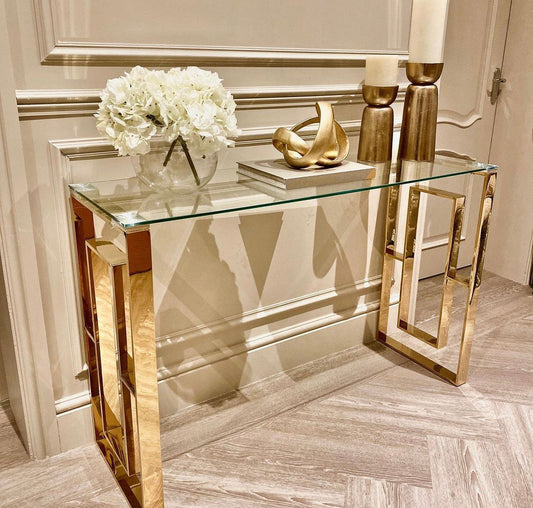 Alannah gold console table  with glass top 120 cm