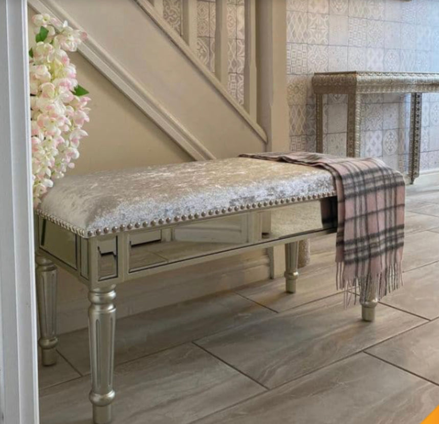 Upholstered  mirrored Bench with linen  seat .  Collect or pay postage