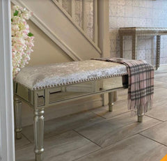 Upholstered  mirrored Bench with linen  seat .  Collect or pay postage