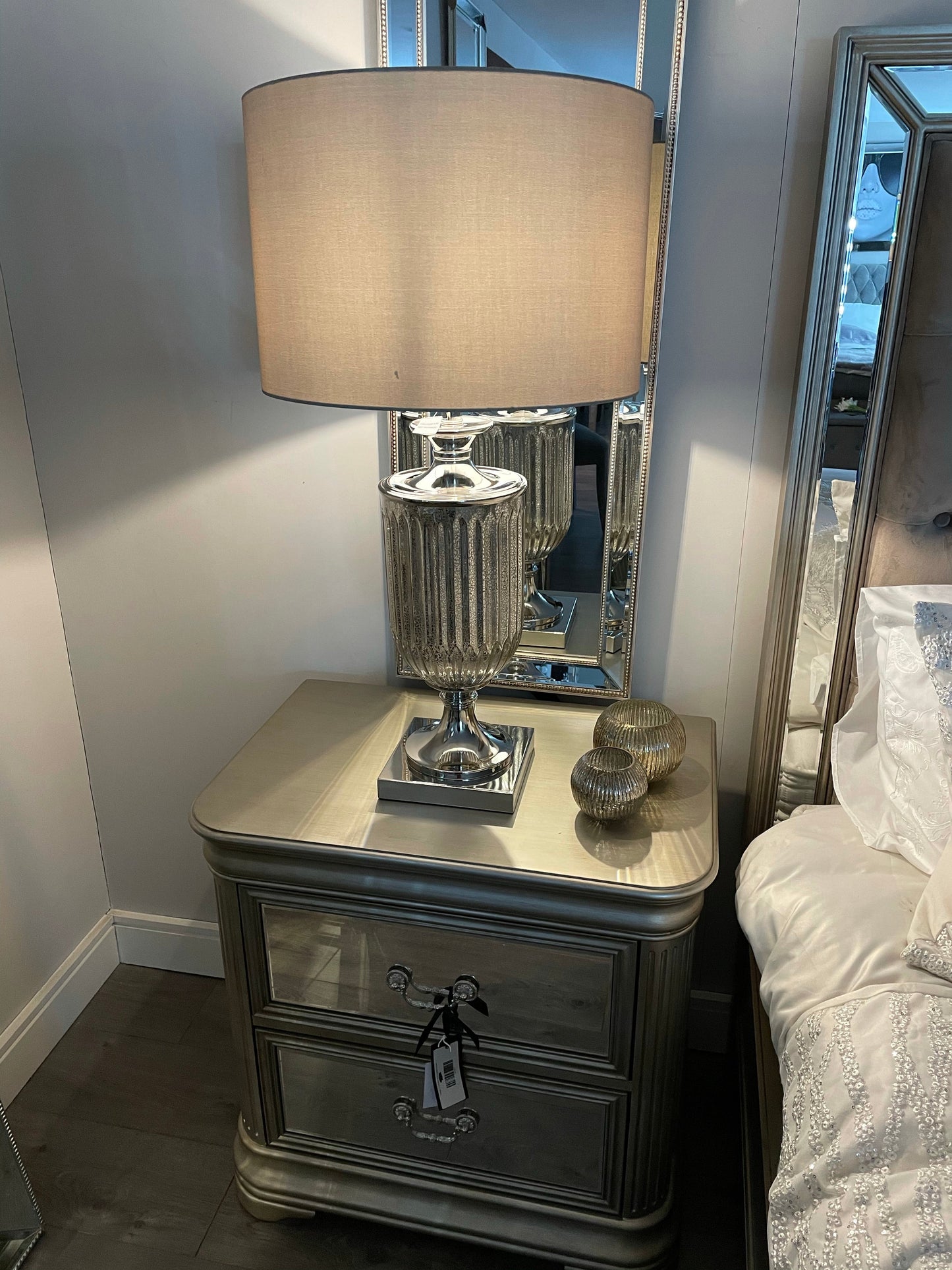 Silvered  urn glass cylinder lamp with taupe shade AVAILABLE