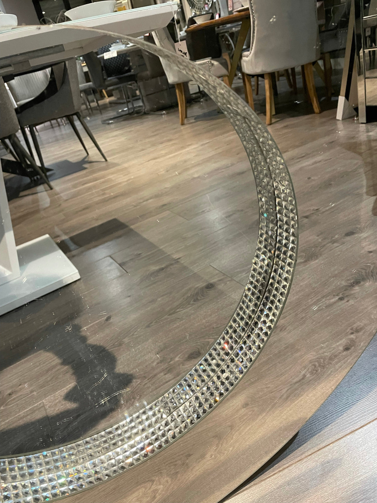 Stunning large Chic round frameless  90 cm mirror with diamonte profile.  Outlet store sold as seen collect only