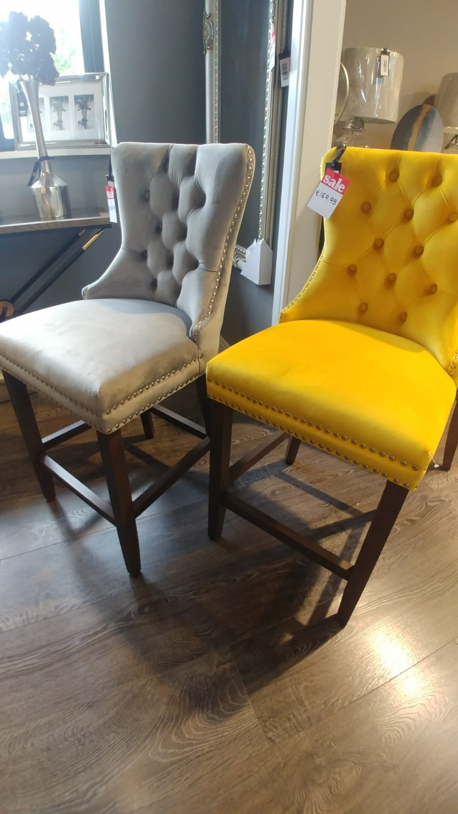 8 x Kayla velvet grey dining chairs Instore.