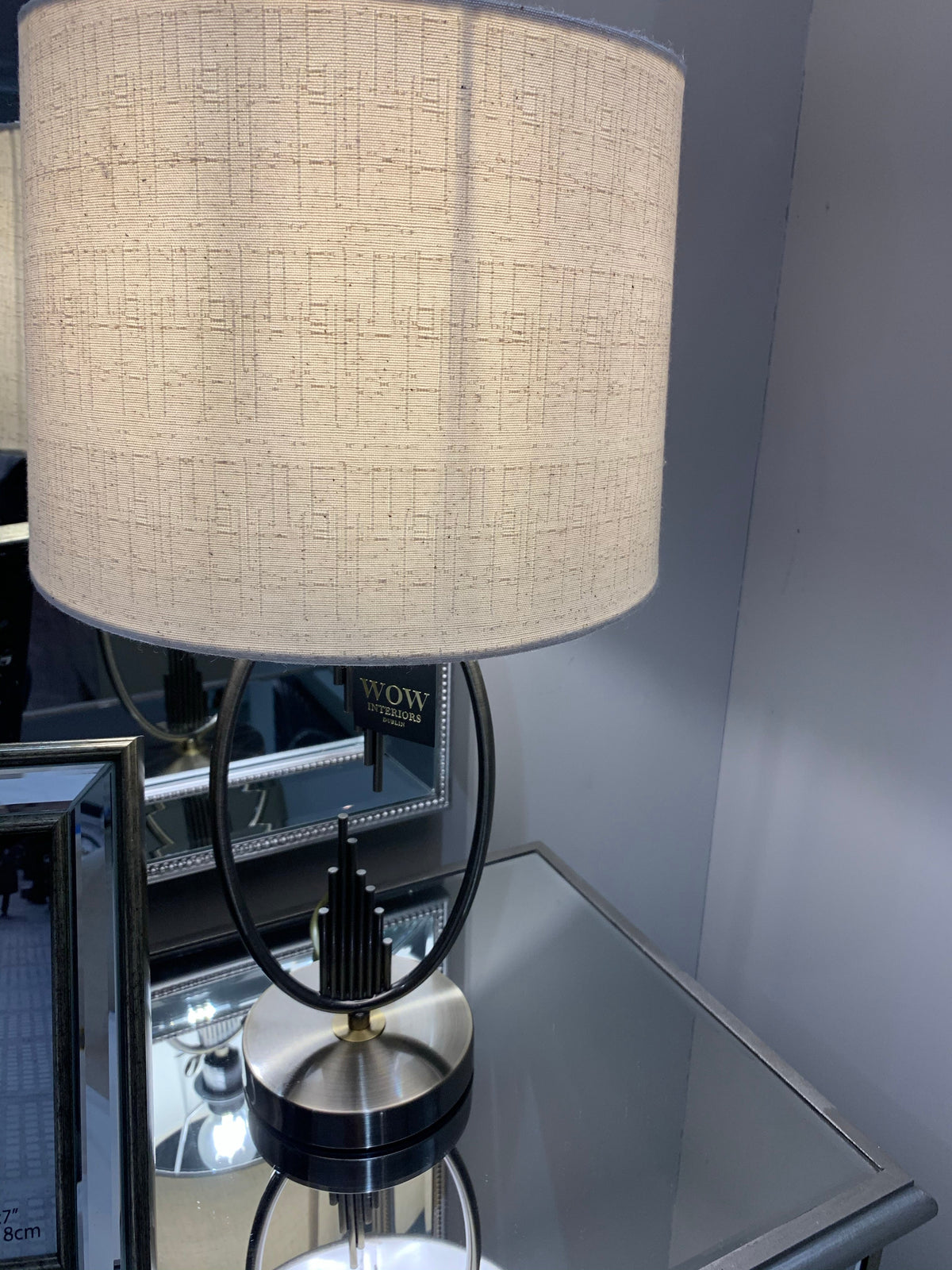 Table lamp  aged brass colour with cream linen style shade Instore only
