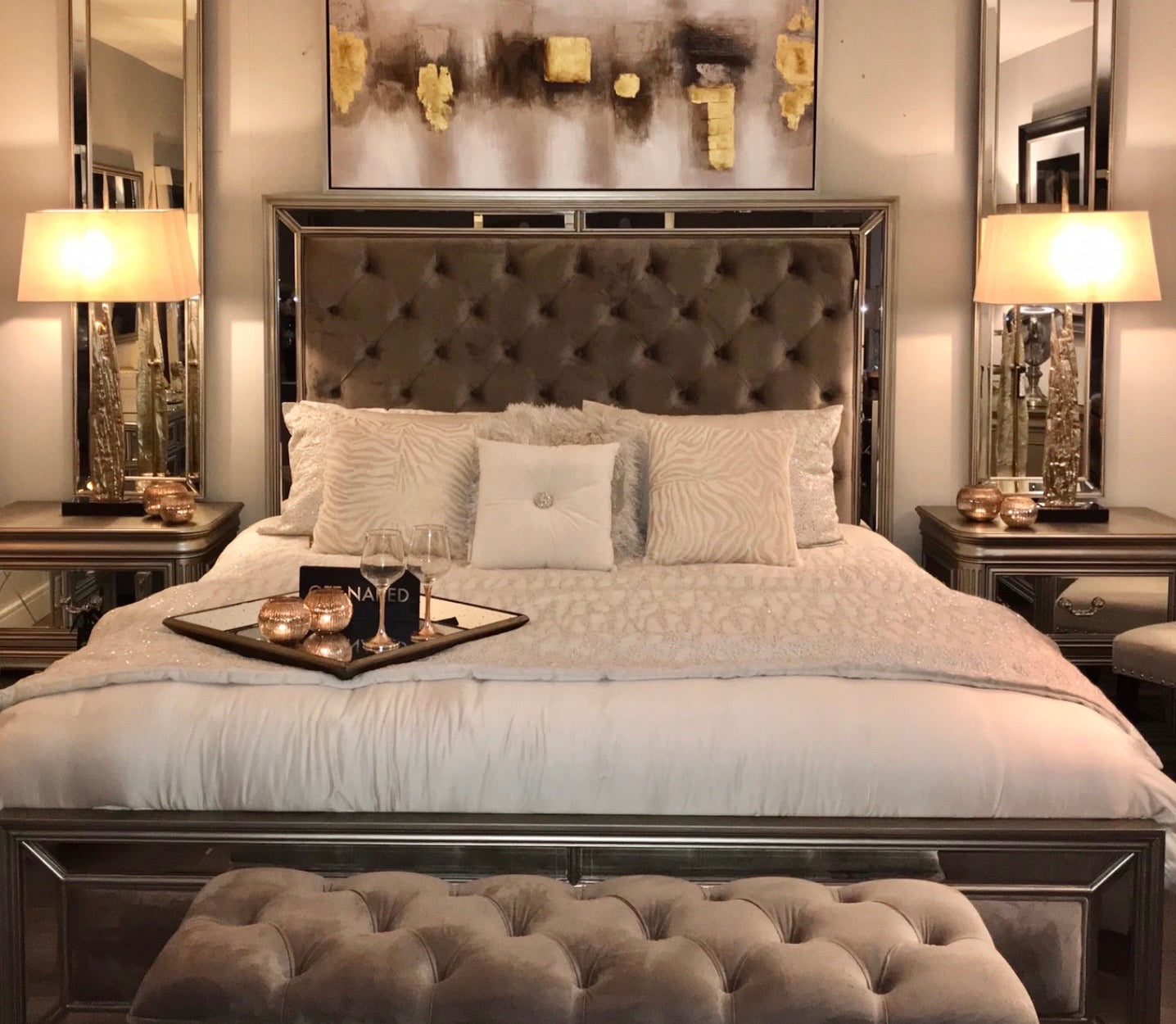 Jessie 6 ft bed in taupe velvet with tufted headboard . Super King for Master Suite