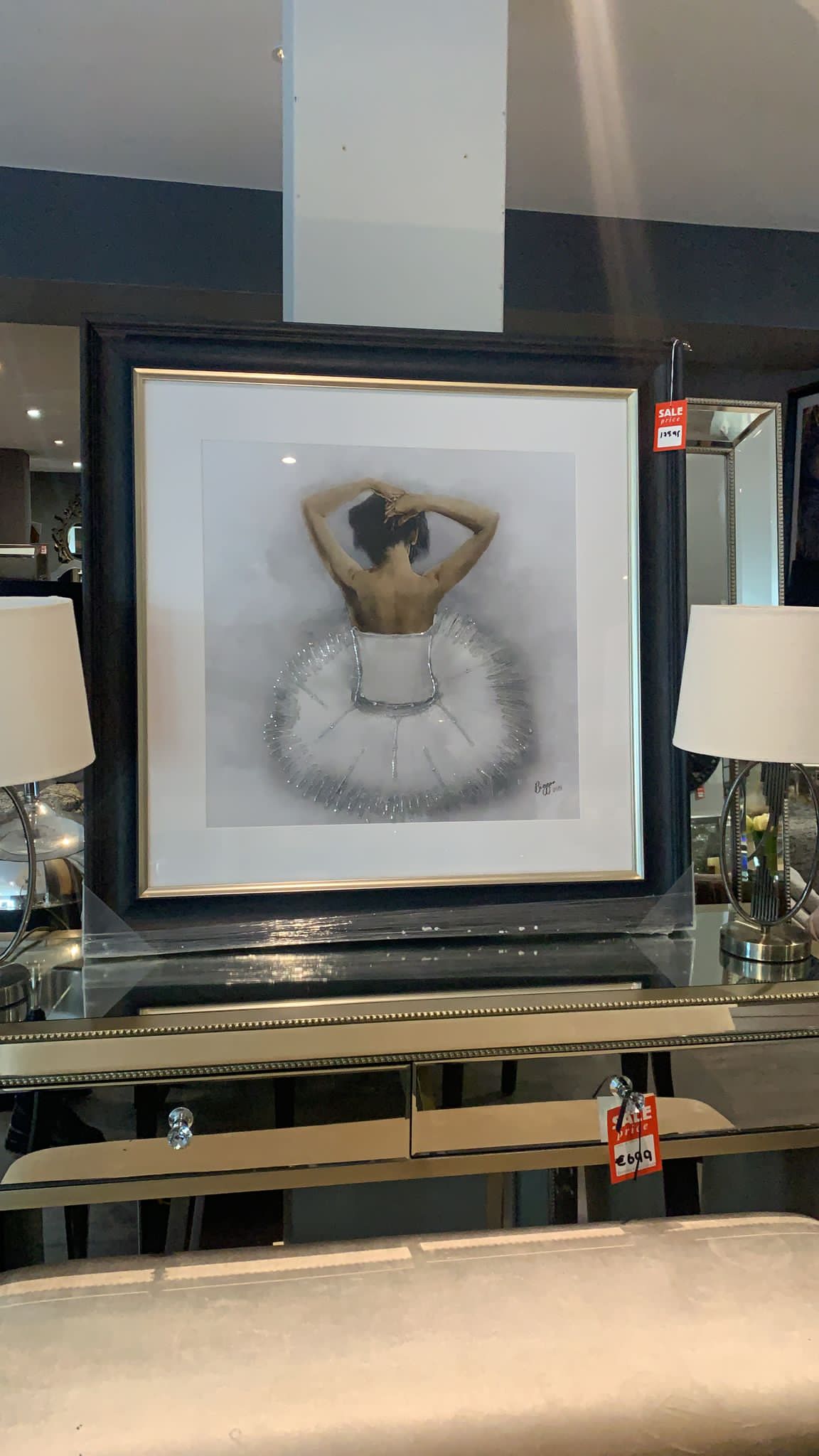 Large Ballerina pictured framed in 90x90cm  with Vegas Scoop frame reduced to clear in outlet store
