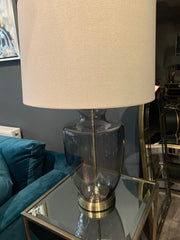 Tishan Florence Lamp. smokey grey glass  base with Natural linen shade  instore only