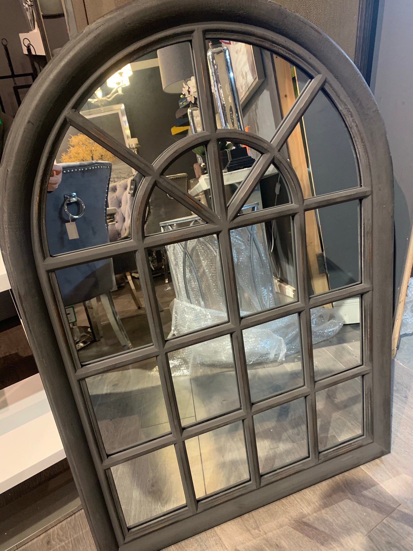 Charcoal grey window arch mirror reduced Instore