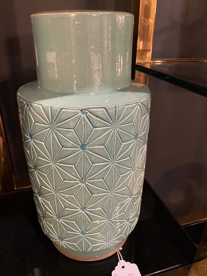 Geometric Vienna print vase  jar in green Click. N collect NO EXCHANGE