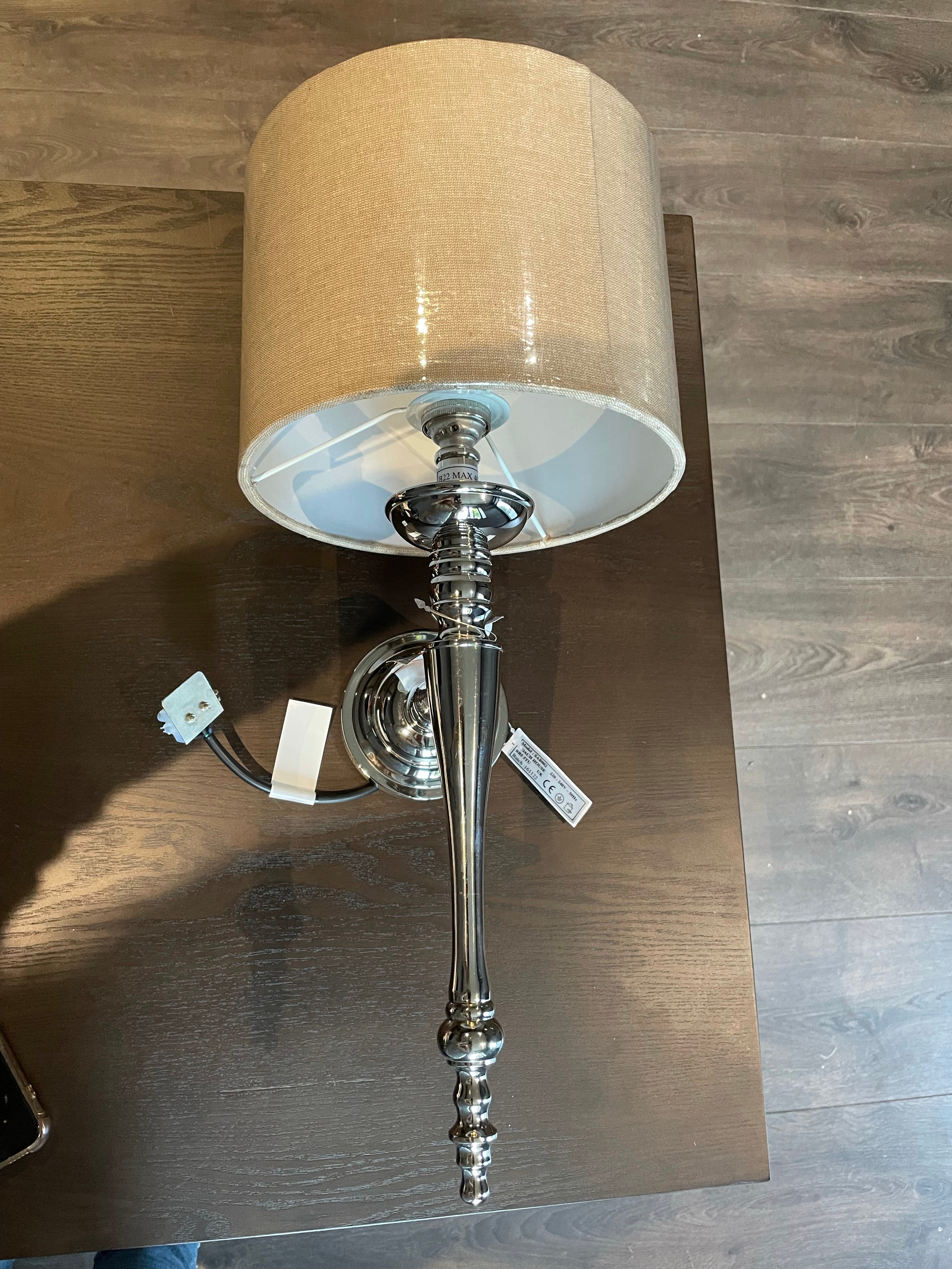 Wall light chrome silver with tan shade clearance click n collect
