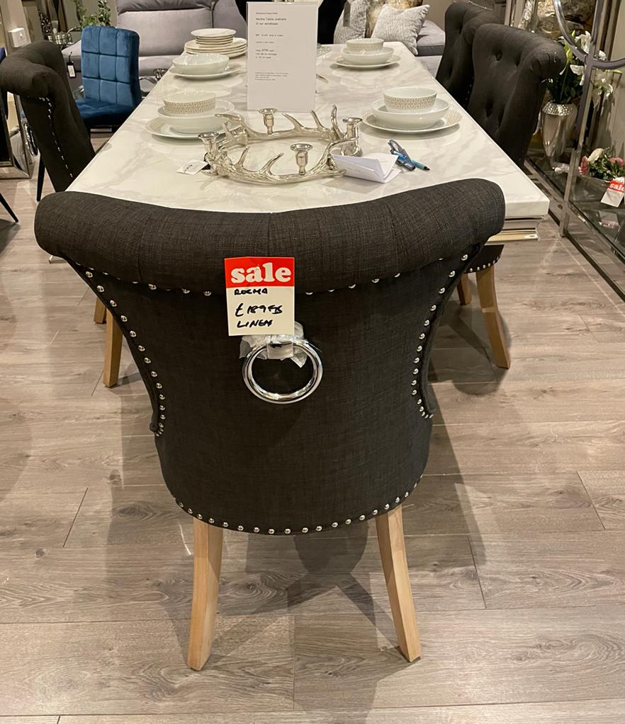 Rocha dining chair hotel quality charcoal linen with knocker   CLEARANCE at outlet store set of 6 for €1080