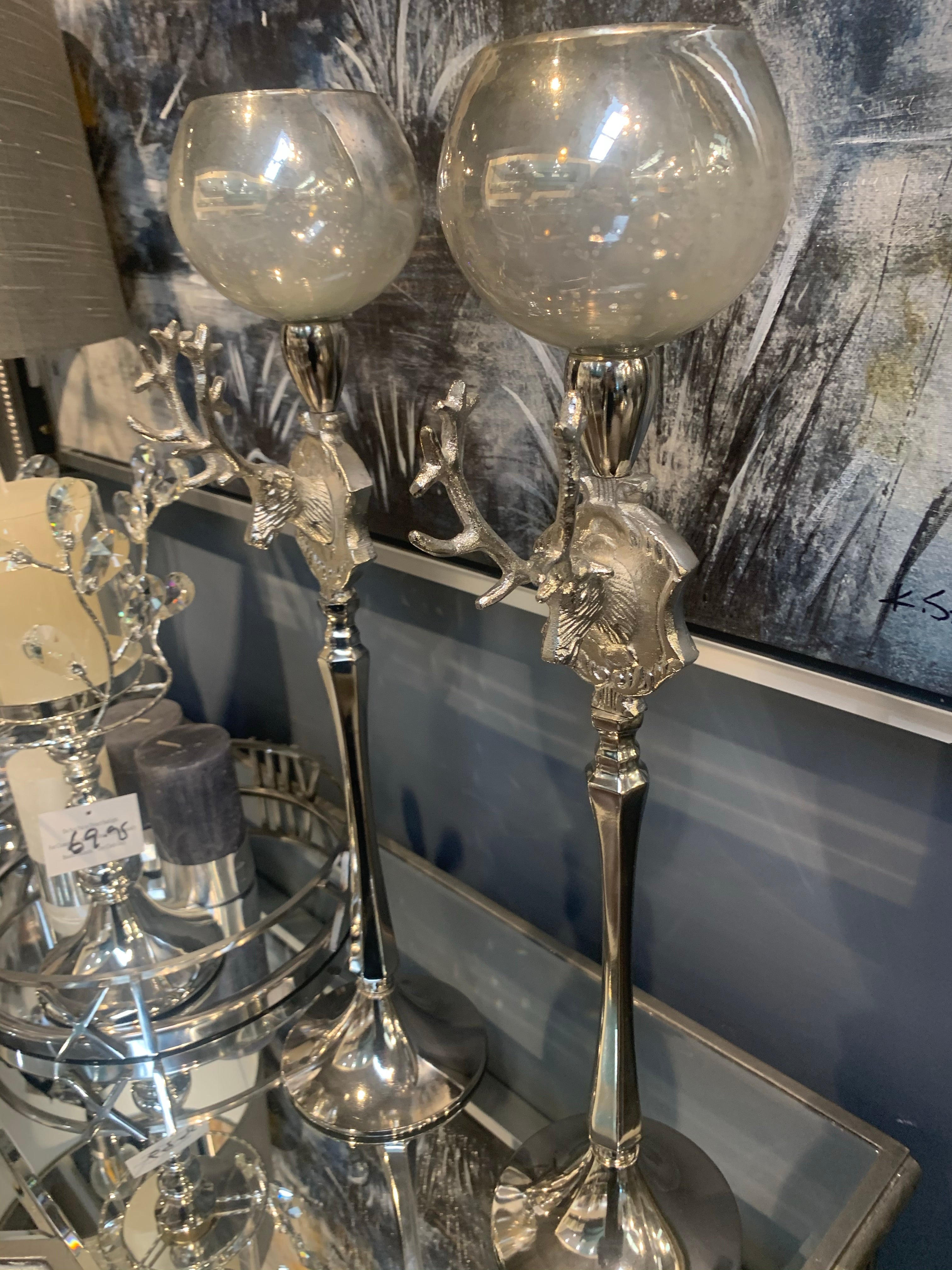 Set of 2  silver and sky tall stag tea light holder
