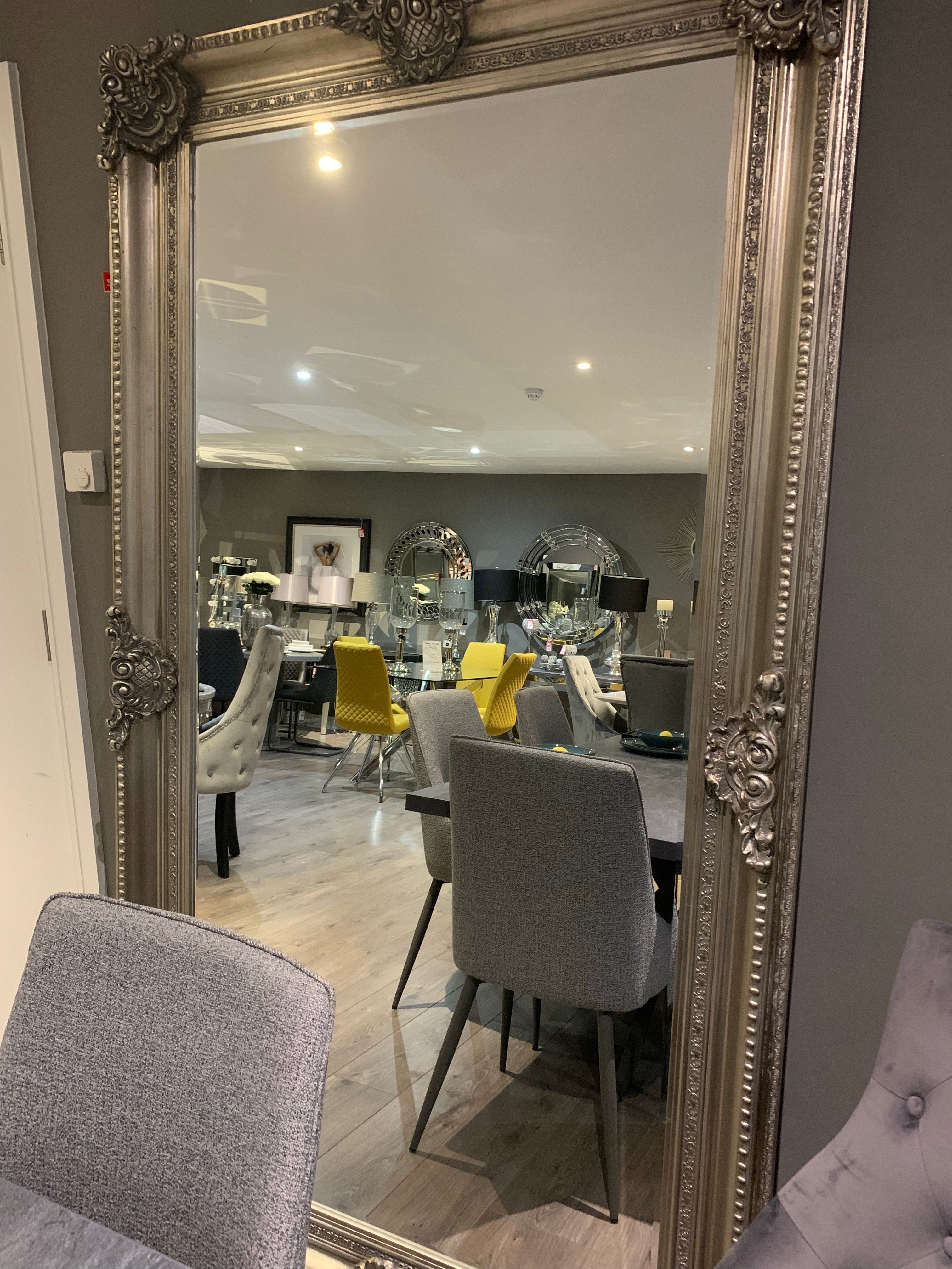 Fabulous 7 ft extra wide ornate mirror in antiqued silver