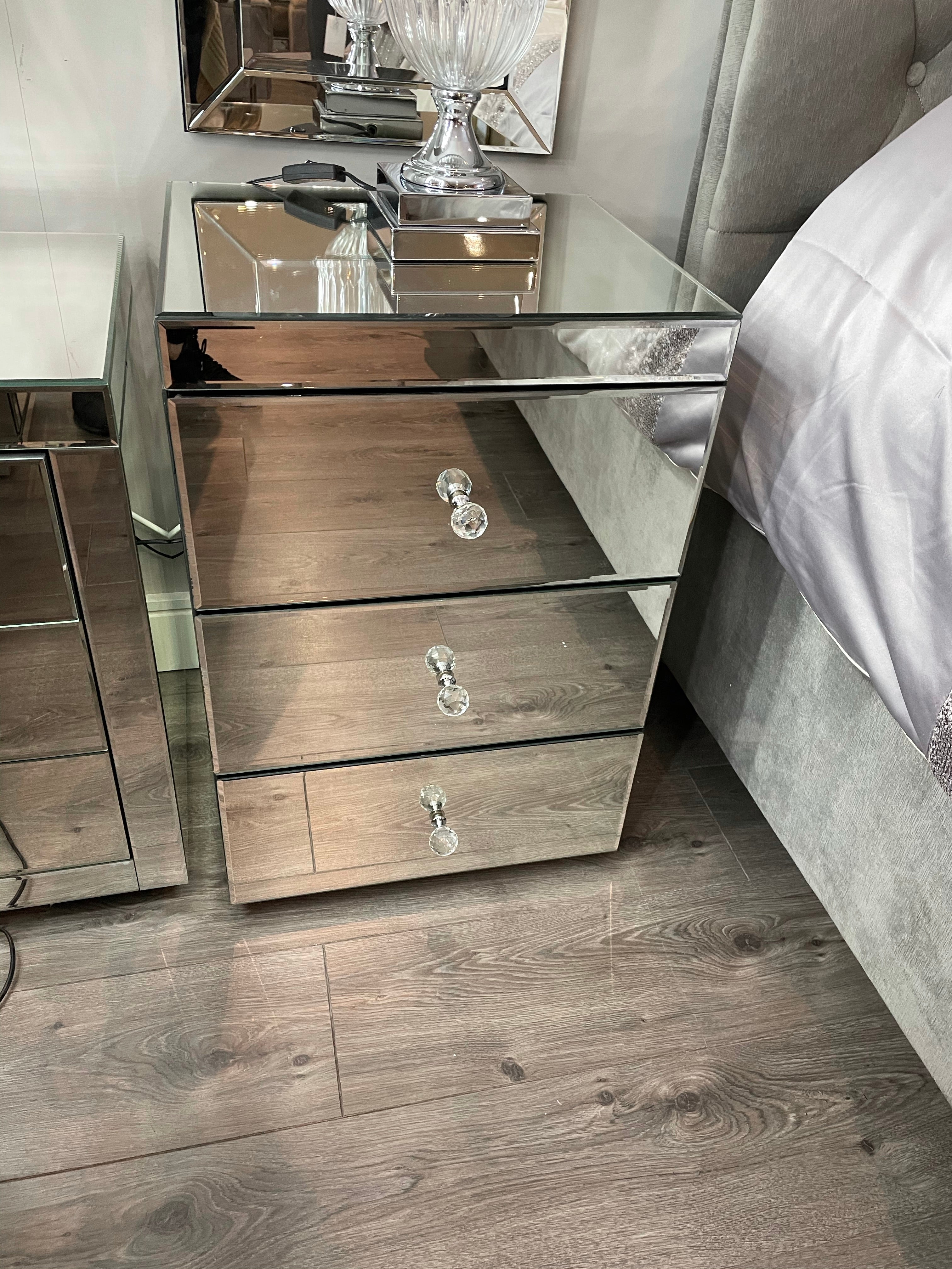 Marbella Mirrored Bedside Cabinet locker full mirror 3 drawer last one