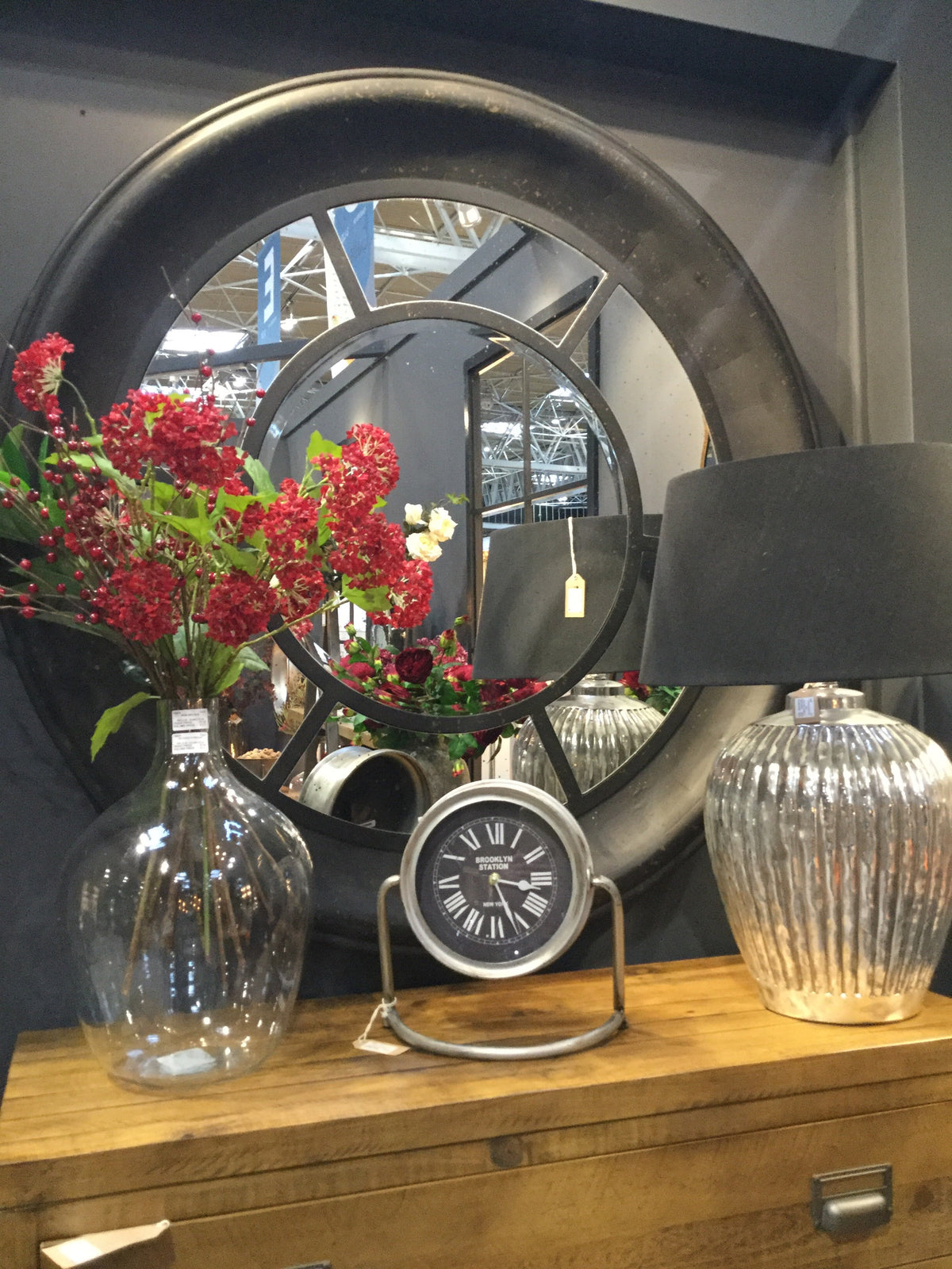 Lennie antiqued  dark silver  round window mirror