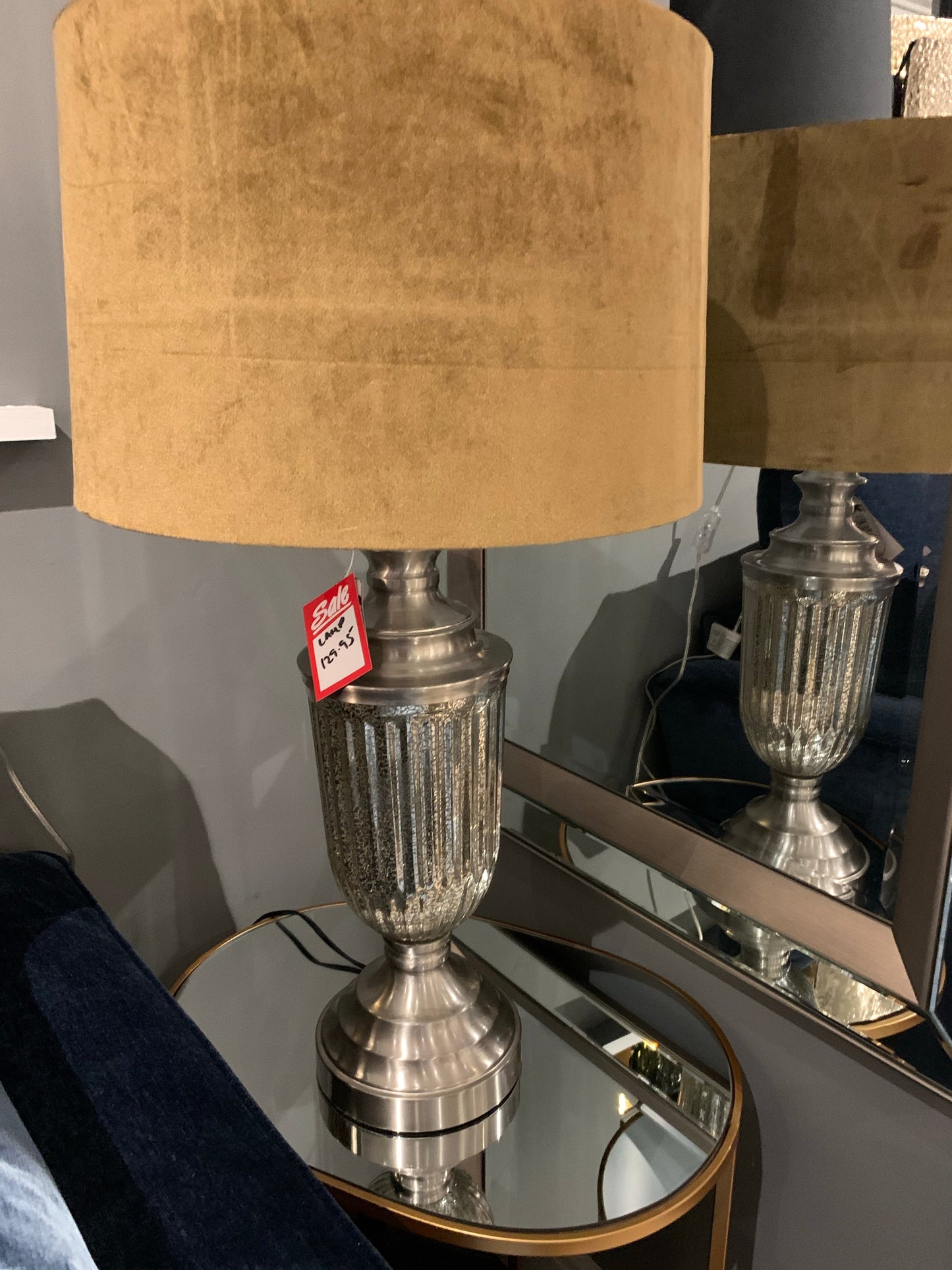 Urn glass table lamp with ochre  shade