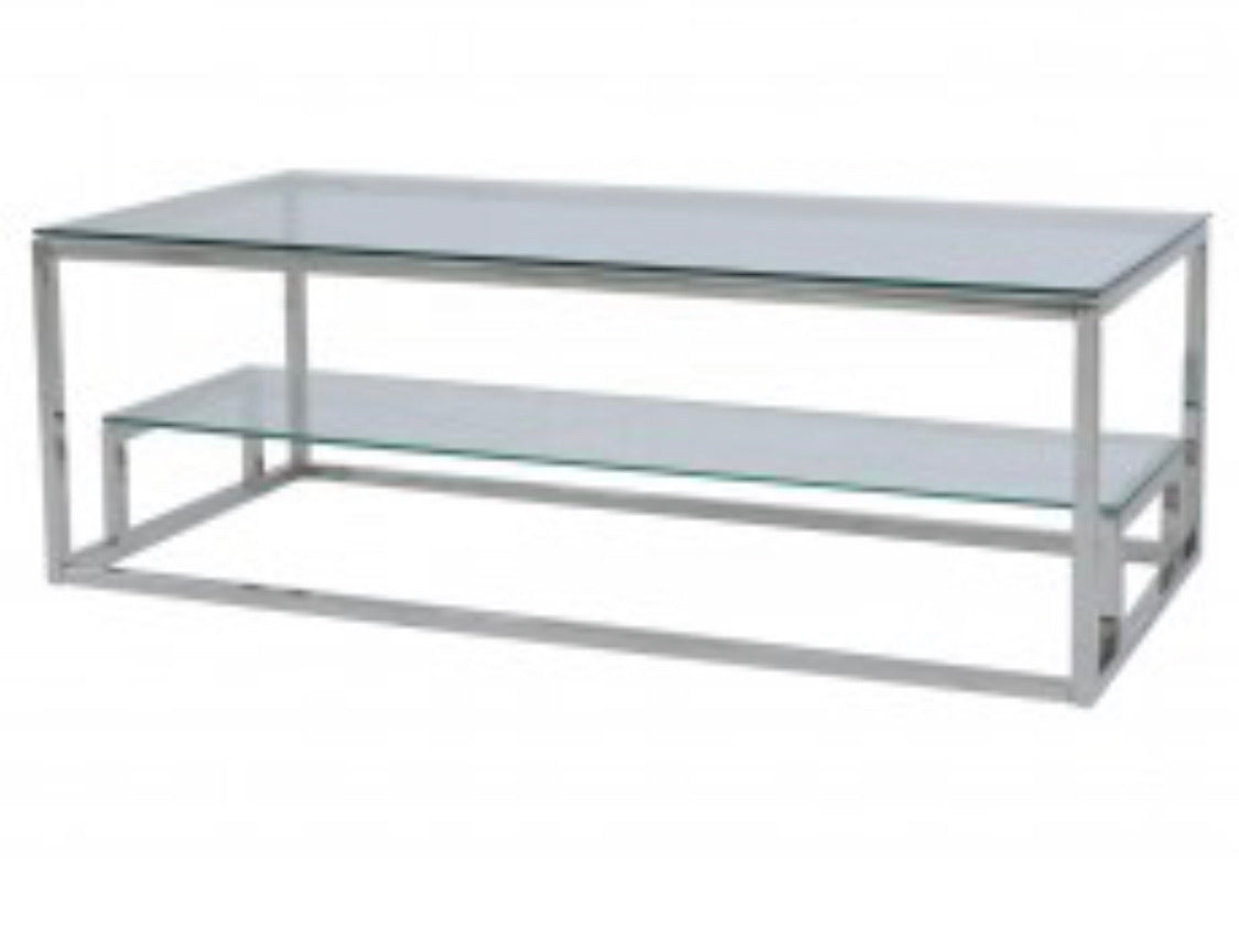 Harriet glass coffee  table with tiered shelf silver or gold.