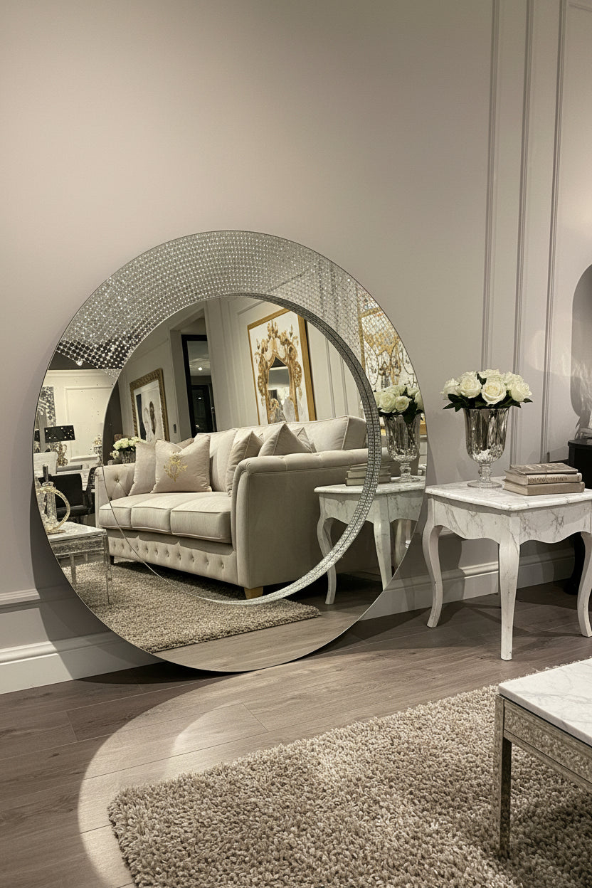 large Chic round frameless  90 cm mirror with diamonte profile.  Outlet store sold as seen  ex showroom