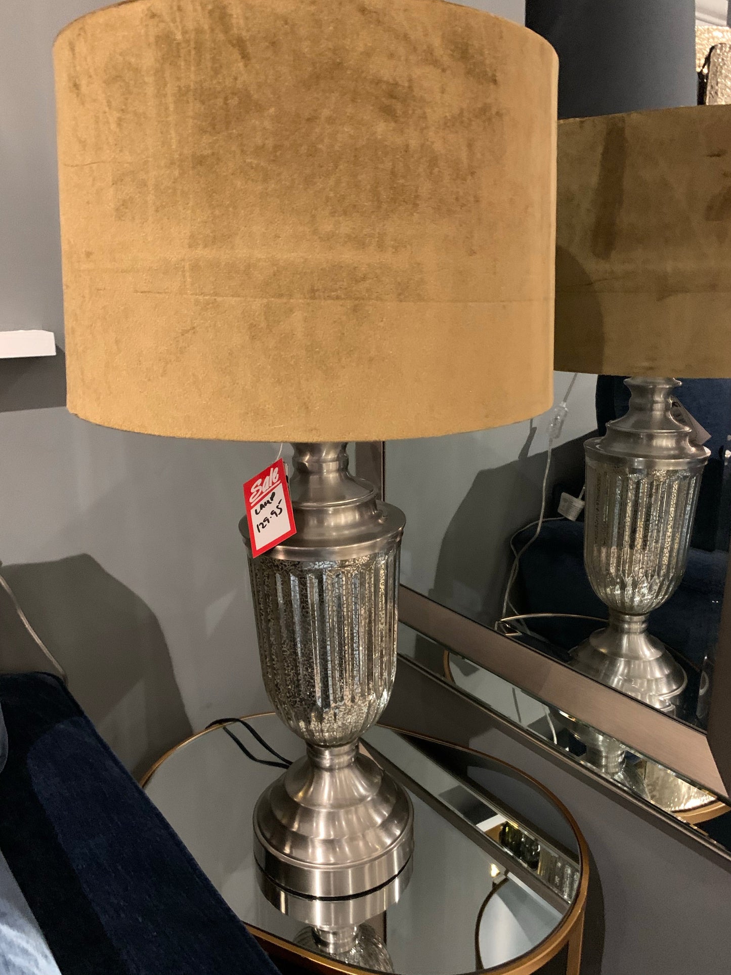 Urn glass table lamp with ochre  shade