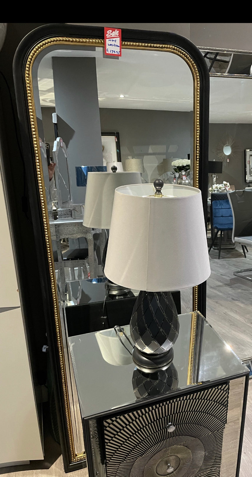 Black framed mirror with gold beads view pay instore last one