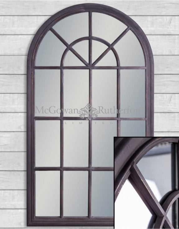 LARGE RUSTIC BLACK ARCHED WINDOW MIRROR