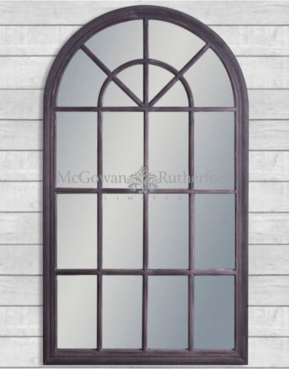 LARGE RUSTIC BLACK ARCHED WINDOW MIRROR