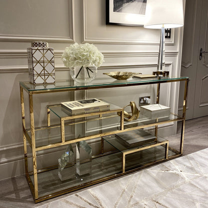 Harry chrome and glass console table with tiered shelf.