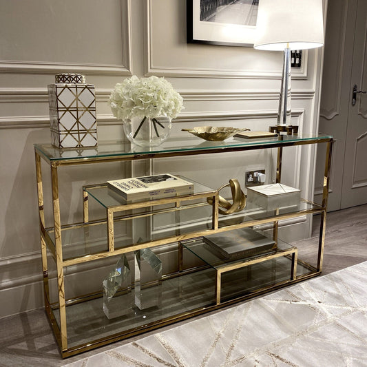 Harry chrome and glass console table with tiered shelf.